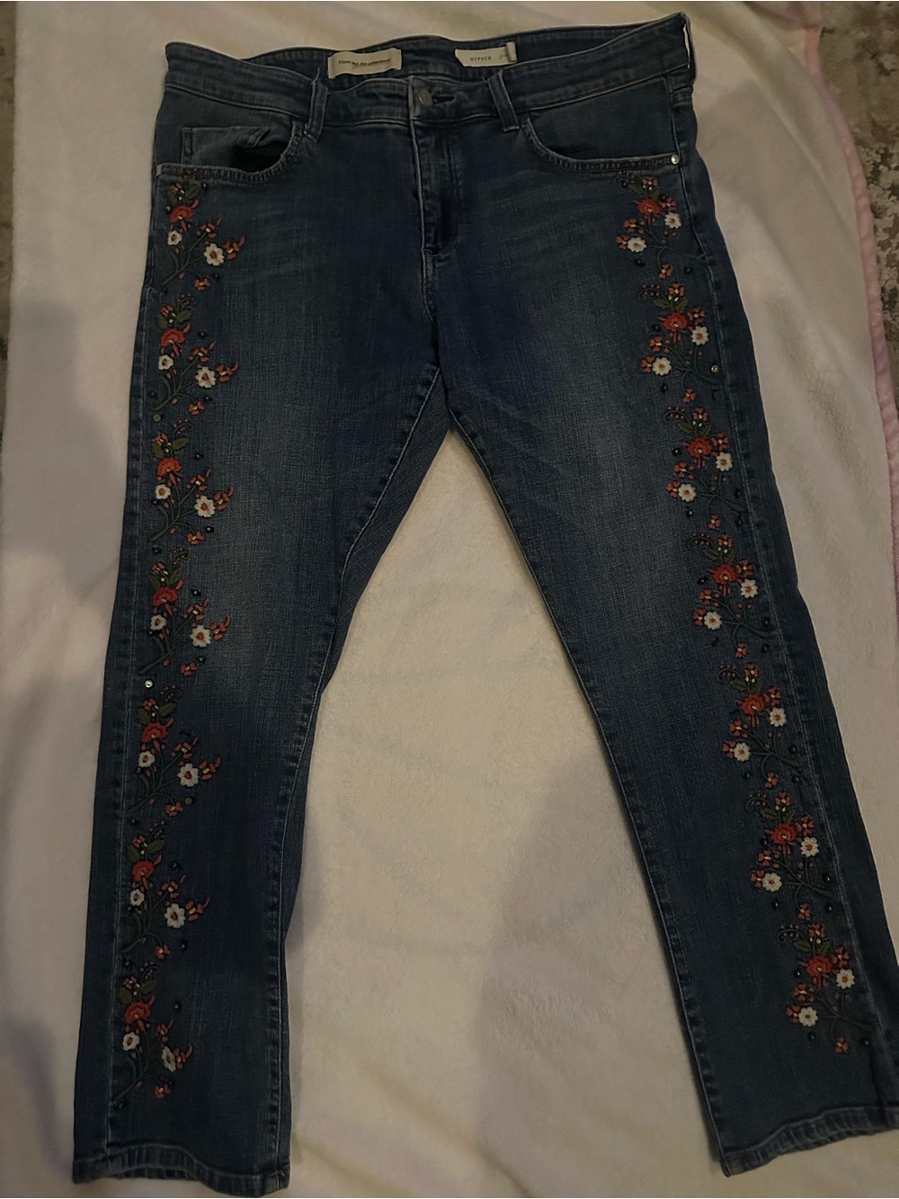 Pilcro and the Letterpress Blue Straight Jeans with Floral Embroidery Size 32